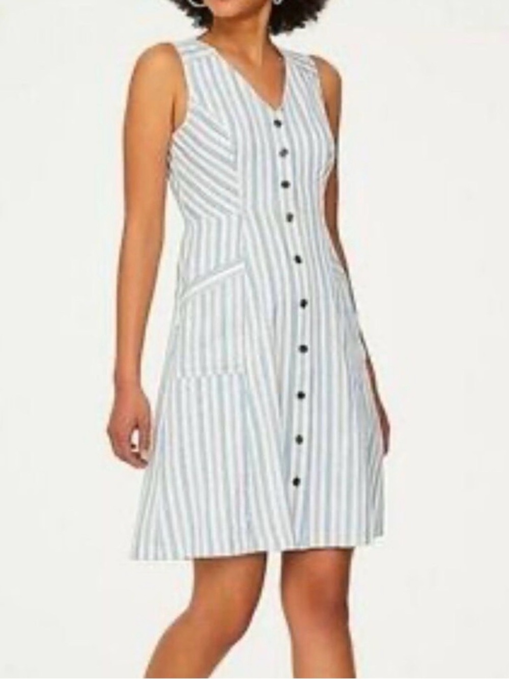 LOFT Blue and White Striped Sleeveless Button-Front Dress